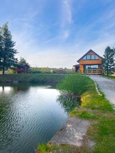 una casa con un estanque delante de un edificio en PrzyStań pod Łysą Górą, en Bostów