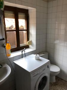 a bathroom with a toilet and a washing machine at Casa en Picos de Europa in Posada de Valdeón