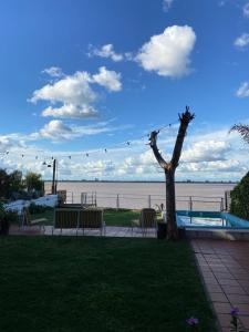 un árbol junto a una piscina junto al océano en CASA JUNTO AL RIO en Paraná