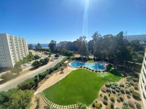 eine Luftansicht auf einen Park mit einem Pool in der Unterkunft Cómodo y Amplio Depto en Punta Puyai in Papudo