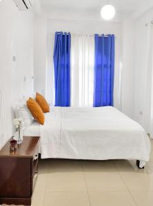 een slaapkamer met een groot bed en blauwe gordijnen bij Castillo 1 in Santo Domingo