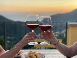 twee mensen die een glas rode wijn omhoog houden bij Angiolina's Farm in Levanto