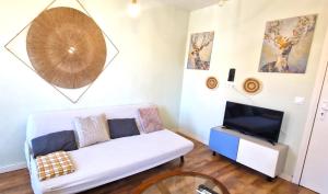 ein Wohnzimmer mit einem weißen Sofa und einem TV in der Unterkunft Appartements Marseille cours Julien in Marseille