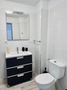 La salle de bains est pourvue de toilettes, d'un lavabo et d'un miroir. dans l'établissement Candelaria vistas al mar, à Candelaria