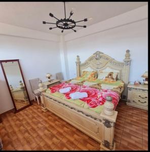 Schlafzimmer mit einem Bett mit einem Kronleuchter und einem Spiegel in der Unterkunft Apartmani 2 SS Ohrid in Ohrid