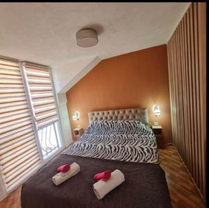 ein Schlafzimmer mit einem großen Bett mit zwei Kissen darauf in der Unterkunft Apartmani 2 SS Ohrid in Ohrid