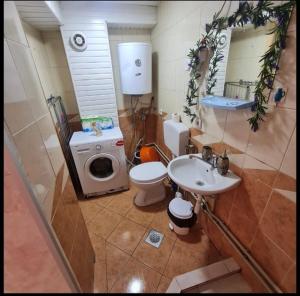 ein Badezimmer mit einem WC, einem Waschbecken und einer Waschmaschine in der Unterkunft Apartmani 2 SS Ohrid in Ohrid