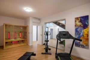 a room with a gym with a treadmill at Beautifully landscaped property in Selca