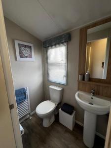 a bathroom with a toilet and a sink at Sandy Bay Caravan Getaway in Newbiggin-by-the-Sea