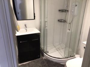 een badkamer met een douche, een wastafel en een toilet bij Exclusive Lakeside Apartment in Grays Thurrock