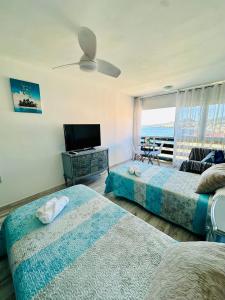 a bedroom with two beds and a tv and a window at Candelaria vistas al mar in Candelaria