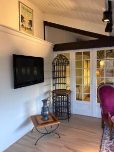 een woonkamer met een tv en een tafel bij Cottage Apolline in Santenay