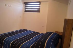 Un dormitorio con una cama azul y blanca y una ventana en Depto, Centro Expositor, Jacuzzi, 2 habitaciones, Excelente vista a la ciudad de Puebla, en Puebla