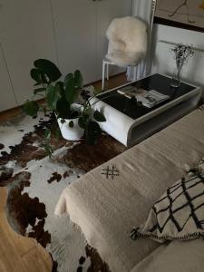 ein Wohnzimmer mit einem Tisch und einer Pflanze auf dem Boden in der Unterkunft La maisonnette du lac de Genval in Rixensart