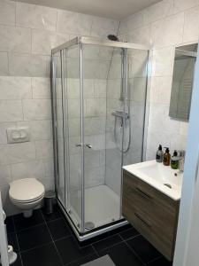 a bathroom with a shower and a toilet and a sink at Apartement hotel Stays by ADM in Leiden +62 photos