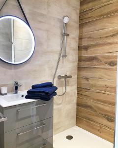 een badkamer met een douche, een wastafel en een spiegel bij Appartement & Jacuzzi dans l’Esterel proche Mer in Les Adrets de l'Esterel