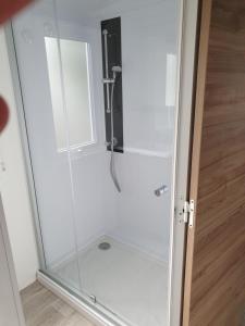 a shower with a glass door in a bathroom at Domaine de dugny in Onzain