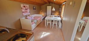 シーヴィックにあるÄngdala Camping på Österlenのベッドとダイニングテーブル付きの小さな部屋です。