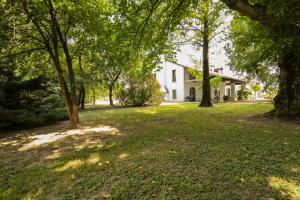 un patio con árboles y una casa blanca en B&B La Villa del Vecchio Platano, en Vigonovo