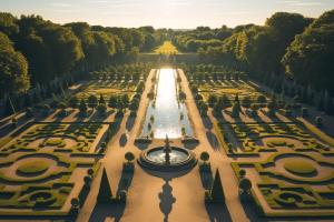 een luchtzicht op een tuin met een fontein bij * Le Versaillais*2 min à pied du Château in Versailles