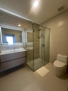 ein Bad mit einer Dusche, einem Waschbecken und einem WC in der Unterkunft Arcadia Condo Suites in Panama-Stadt