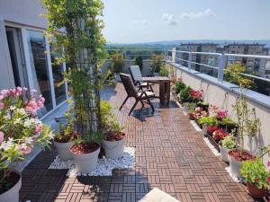 d'un balcon avec des plantes en pot, une table et des chaises. dans l'établissement Penthouse apartment, à Novi Sad