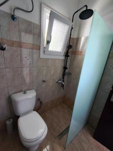 a bathroom with a toilet and a shower with a window at Cozy Nest in Karlovasi