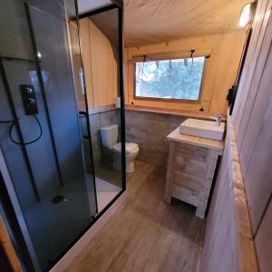 een badkamer met een douche, een wastafel en een toilet bij Heated & brand new Forestlodge in Renesse