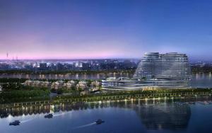 a rendering of a large building on the water at Vignette Collection The Xanadu Guangzhou, an IHG Hotel - -Free Canton Fair Shuttle Bus and Registration Counter in Guangzhou