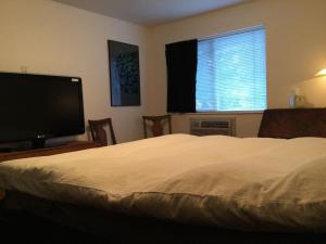 een slaapkamer met een bed en een flatscreen-tv bij Hobby Farm in the City in Spokane Valley