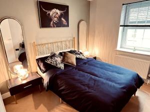 1 dormitorio con 1 cama grande y espejo en Lakeland Living - Devenish Manor, en Enniskillen