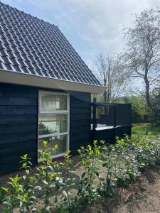 a blue house with a window in a garden at Ecolodges De Dreef Guesthouse in Renesse