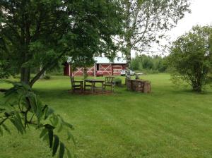 a picnic table in a yard with a red barn at Country house Ruohoranta in Kuopio