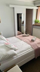 Posteľ alebo postele v izbe v ubytovaní Kaszuby, agroturystyka z alpakami- pokój z łazienką