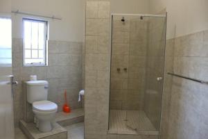 a bathroom with a toilet and a glass shower at Farmhouse Boutique Guest 2 in Outjo