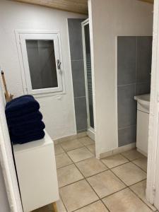 a bathroom with a toilet and a sink and a mirror at Grand chalet d’été avec piscine in Bonifacio +10 photos