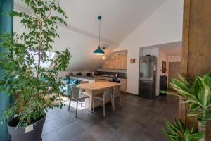 a kitchen and dining room with a table and chairs at La Champanaise - 2 bedroom apartment 300m from Lake Annecy in Duingt