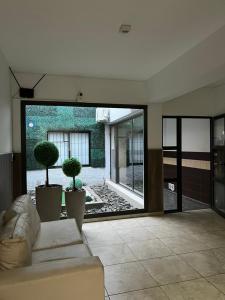 ein Wohnzimmer mit einem Sofa und zwei Topfpflanzen in der Unterkunft Rivadavia Departamentos in Mendoza