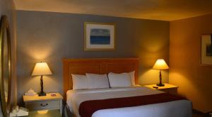 a hotel room with a bed and two lamps at Mexican Hat Lodge in Mexican Hat