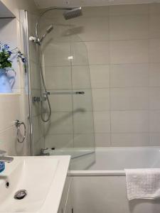 a bathroom with a shower and a sink and a tub at Brighton NEW Apartment FREE PARKING sleeps 6 in Brighton & Hove