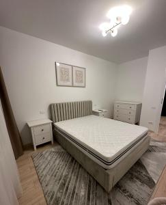 1 dormitorio con 1 cama y 2 mesitas de noche en Celine's Apartment, en Constanţa