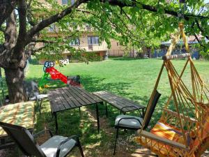 a hammock and a table and chairs in a yard at Apartmanii Gajić in Kuršumlija