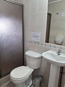 a bathroom with a toilet and a sink at Hotel Mar Sur in Talcahuano