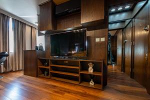 a living room with a tv and wooden walls at Luxury Studio Flat Victoria SW1 in London