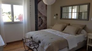a bedroom with a bed with a mirror on the wall at Les chambres d'hôte de la Maison de France in Mèze +26 photos