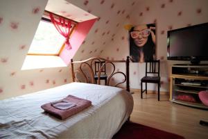 La Milesse的住宿－Maison des bois - La pause des 24 heures du Mans，一间卧室配有一张床,并在一间客房内配有电视。