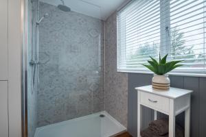 een badkamer met een douche en een plant op een tafel bij Wansfell Heights in Ambleside +16 foto's