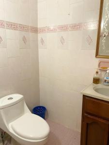 a bathroom with a white toilet and a sink at Casa Estancia Viajera Olímpica - 7 Min Malecón in Mazatlán +9 photos