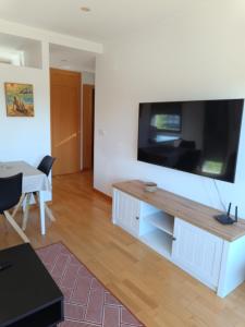 ein Wohnzimmer mit einem großen Flachbild-TV an der Wand in der Unterkunft Apartamento Playa Ladeira in Baiona