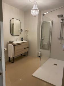 a bathroom with a sink and a shower with a mirror at Posada El Corcal de Liébana in Tama